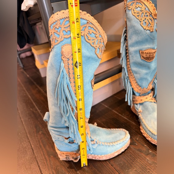 Blue and Tan Fringe Knee Boots - Picture 8 of 10